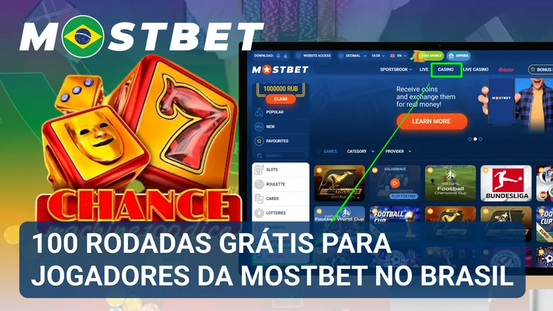 Banner promocional destaca 100 rodadas grátis vinculadas a uma oferta da Mostbet para o mercado brasileiro.