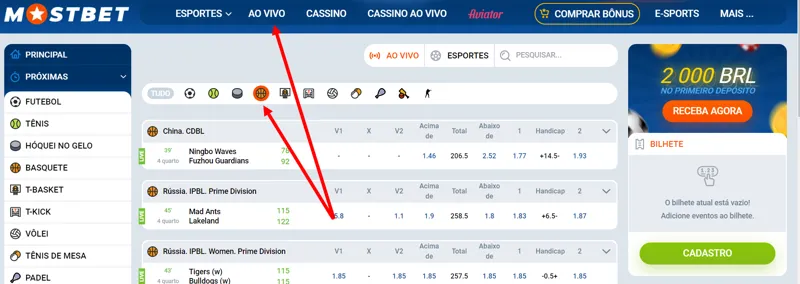 Apostas ao vivo em basquete na MostBet Brasil