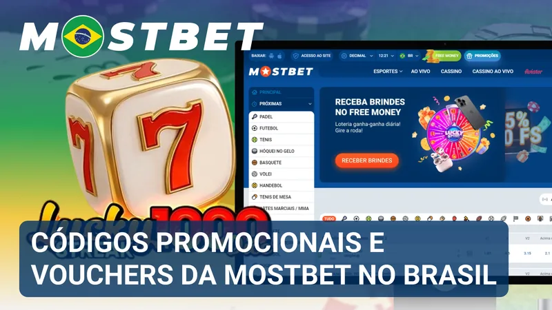 Área promocional com campos para inserir códigos e cartões digitais de voucher disponíveis na Mostbet Brasil.