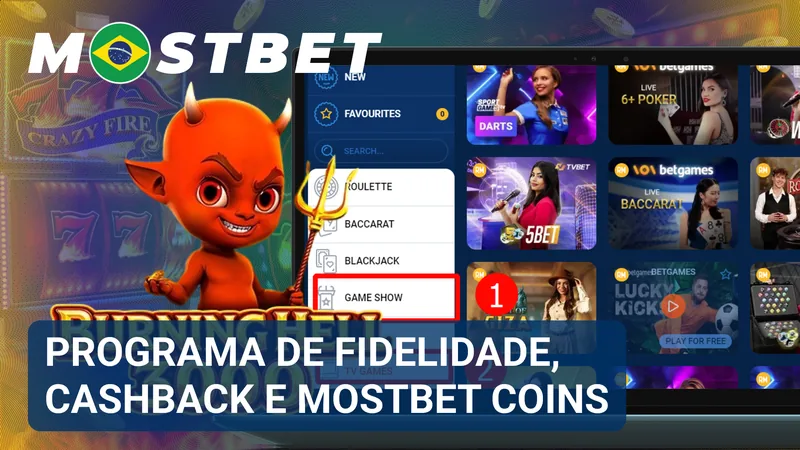 Painel de recompensas com níveis de fidelidade, saldo de cashback e Mostbet Coins acumuladas na conta.
