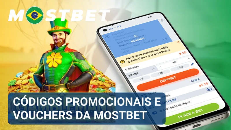 Campo para inserir um código promocional ao lado de um voucher digital vinculado a uma oferta da Mostbet.
