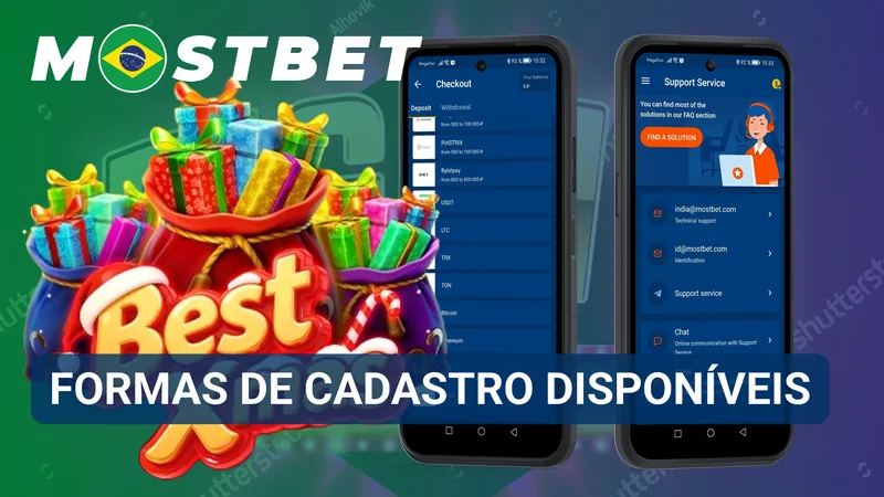 Janela de criação de conta com diferentes alternativas de cadastro disponíveis na Mostbet.